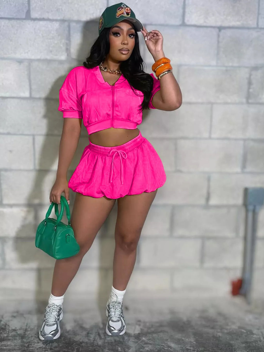 Zip Up Crop Top and Shorts Set
