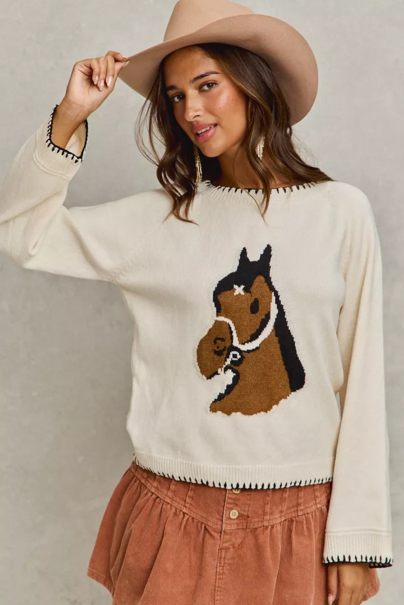 SO ME Horse Knit Sweater Top with Blanket Stitch