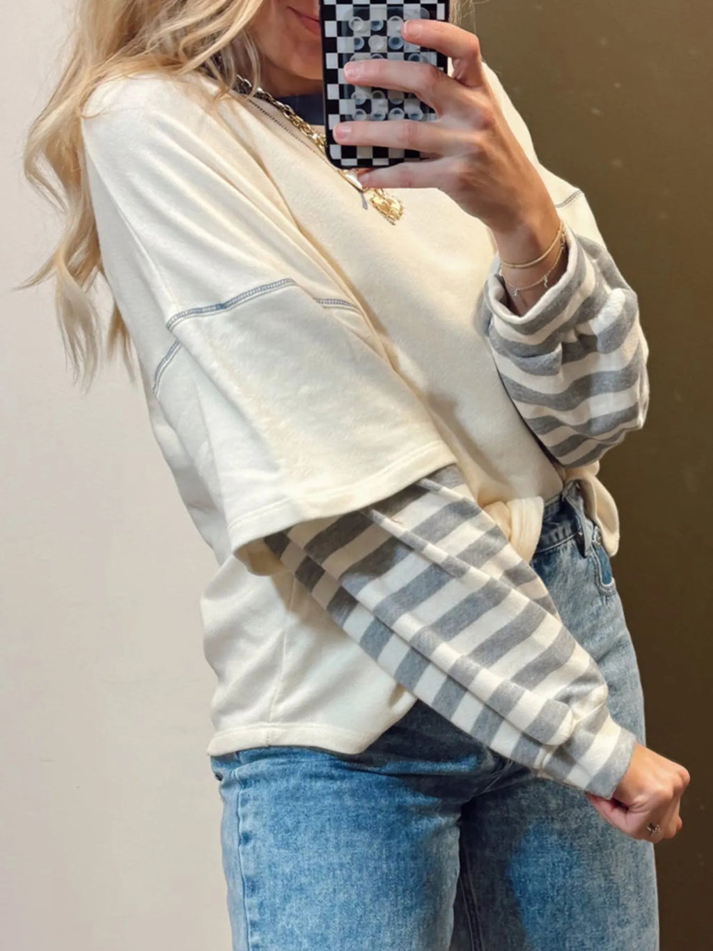 Striped Patchwork Long Sleeve Round Neck Two-in-one Top