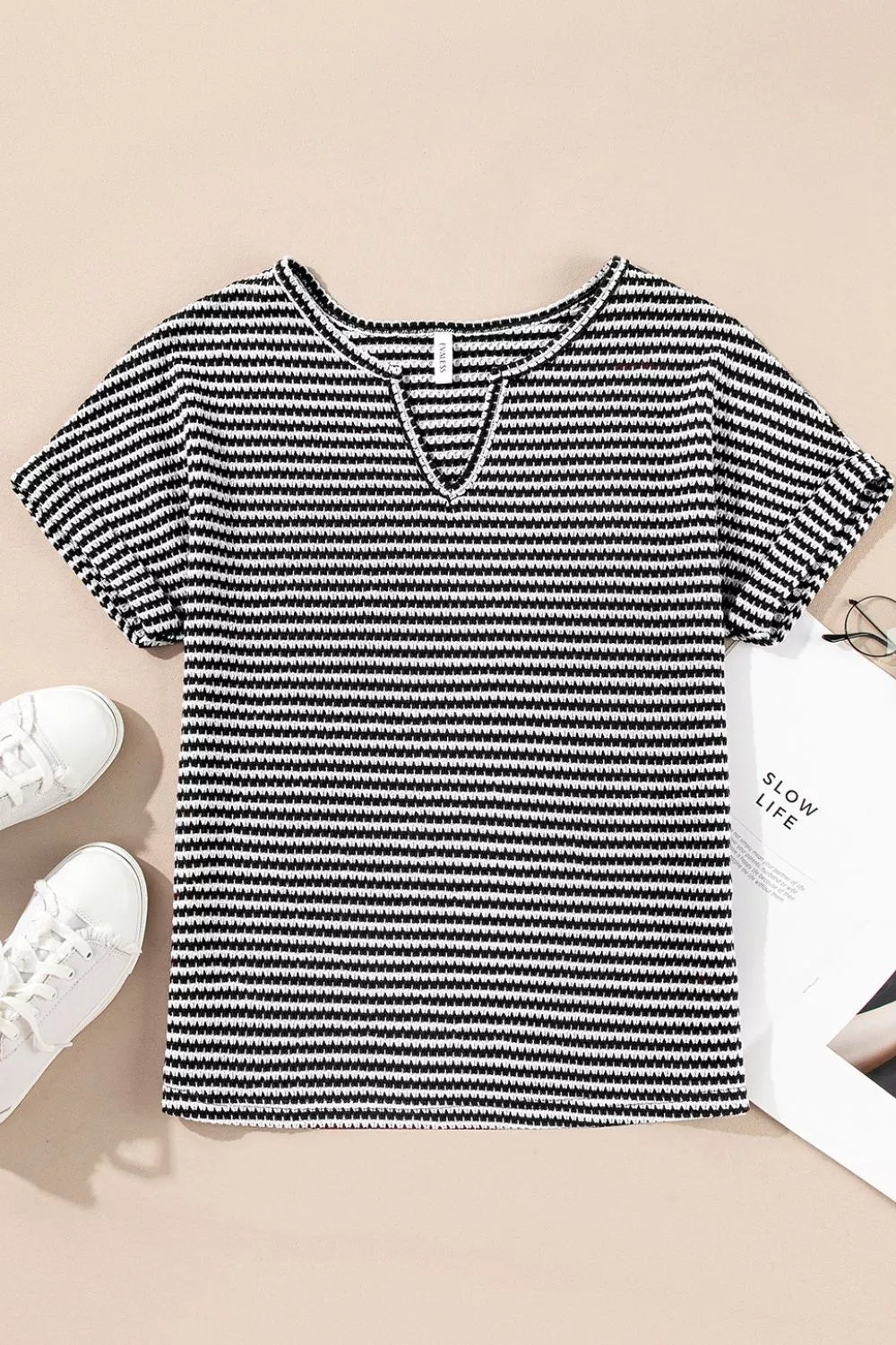 Stripe Textured Knit Notched Neck Cuffed Short Sleeve Top