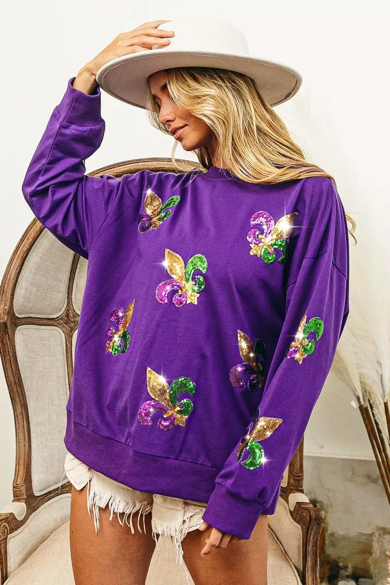 BiBi Fleur De Lis Sequin Patches Mardi Gras Sweatshirt