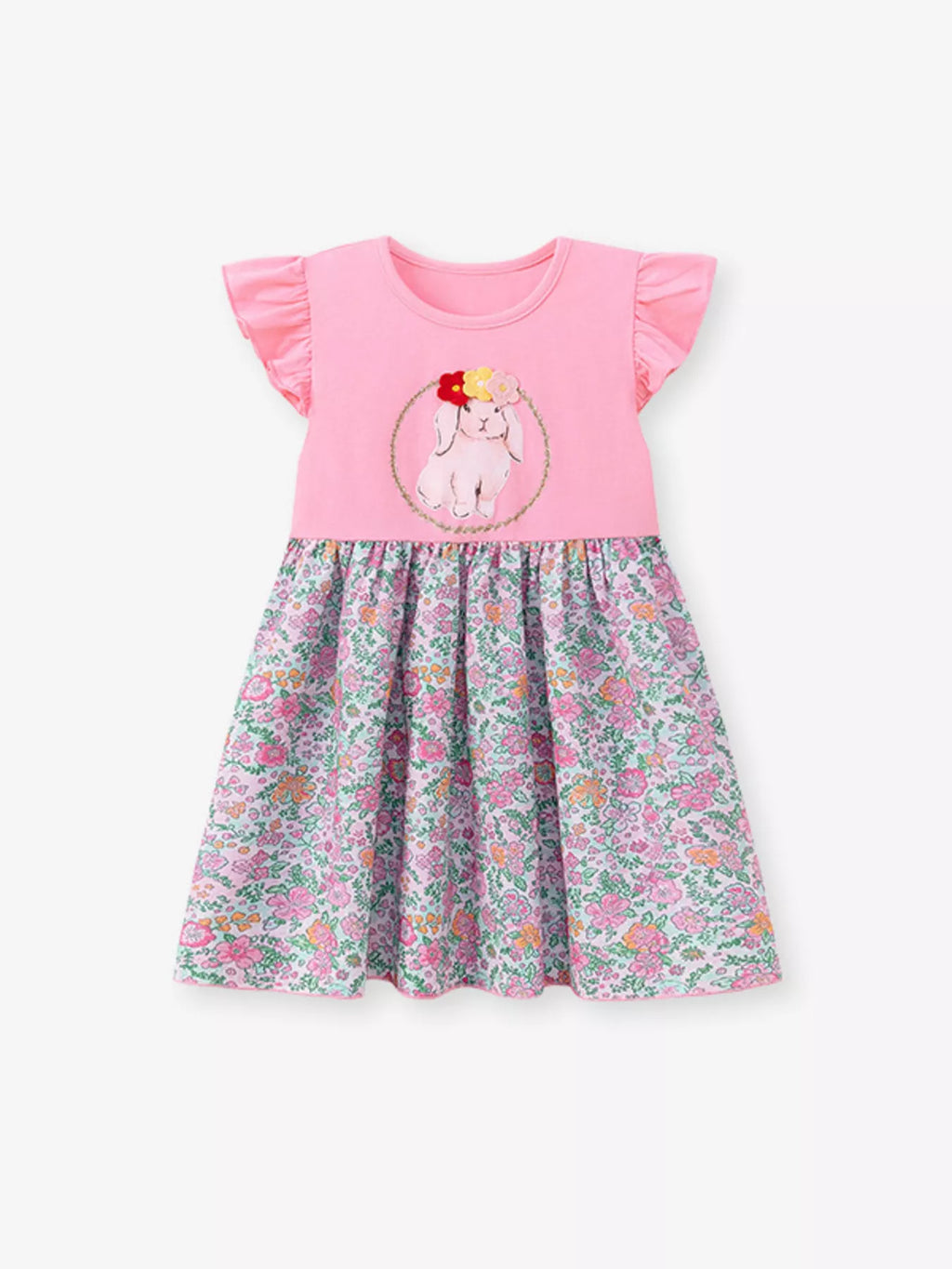 Children's Floral Print Bunny Ruffle Sleeve Dress