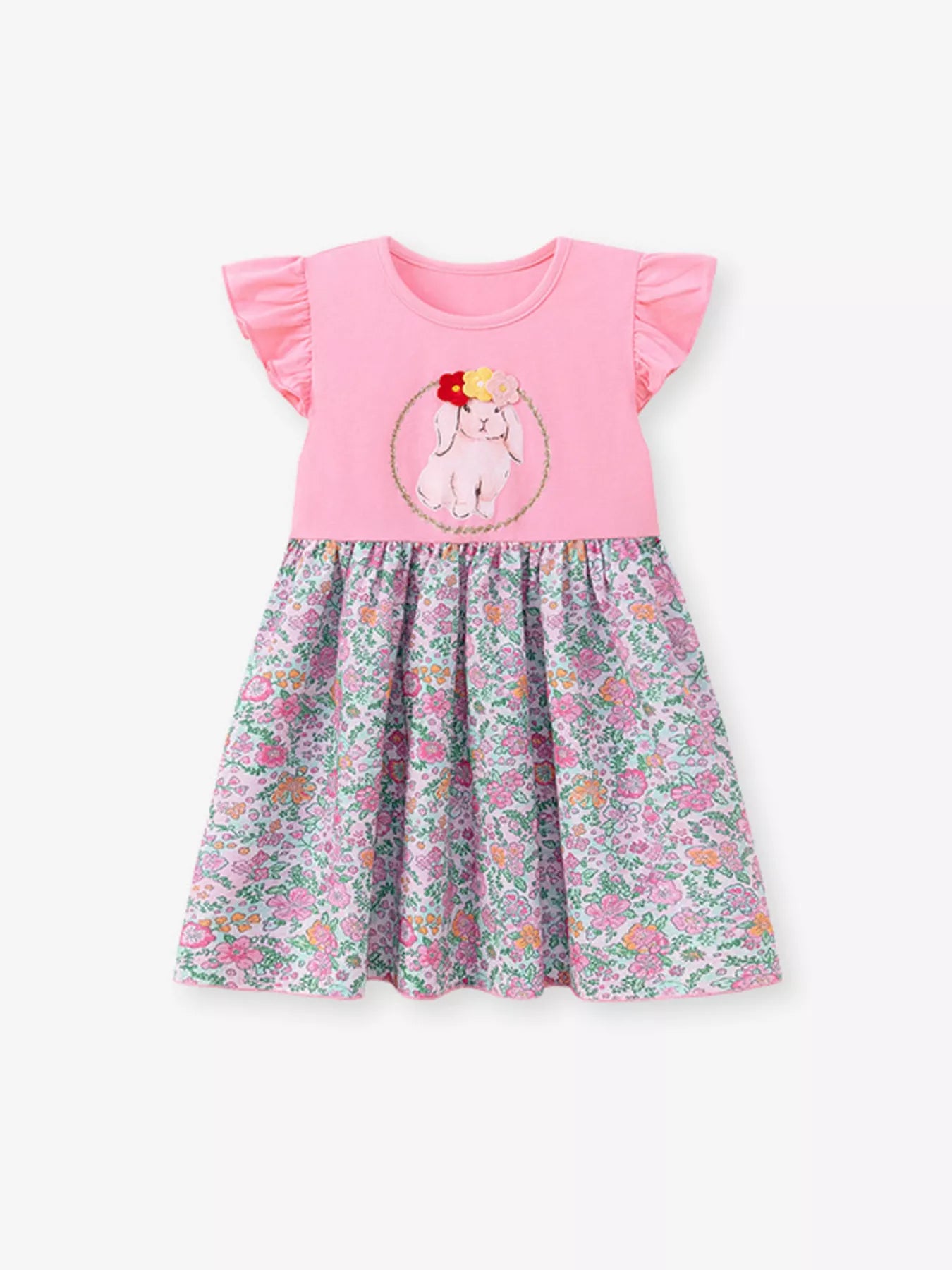 Children's Floral Print Bunny Ruffle Sleeve Dress