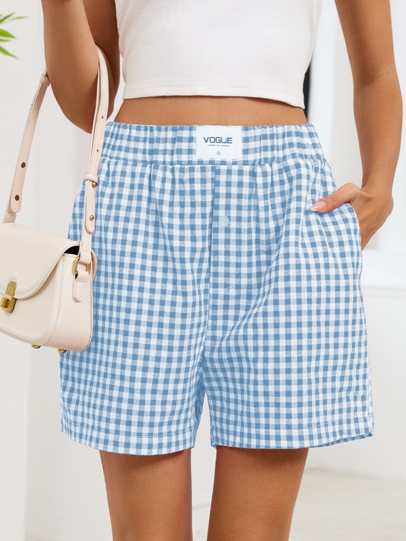 Gingham Elastic Waist Casual Shorts