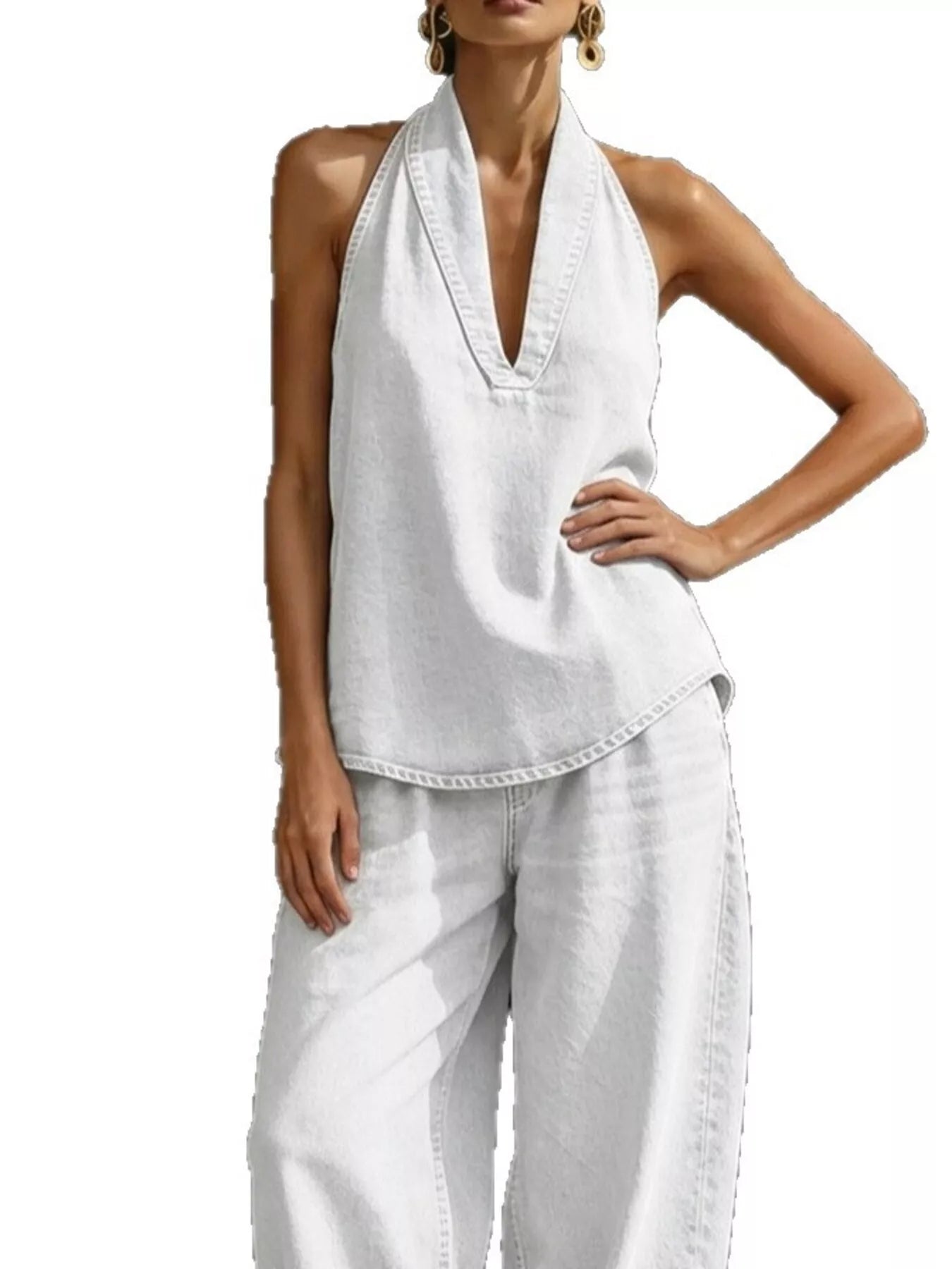 Full Size Halter Neck Top and Wide Leg Pants Plus Size