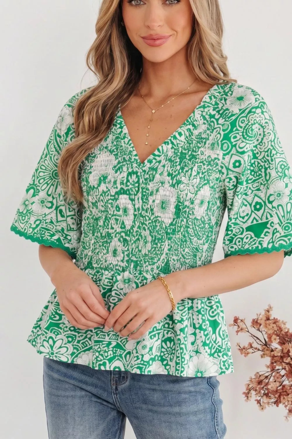 Flirty Floral Smocked V Neck Blouse