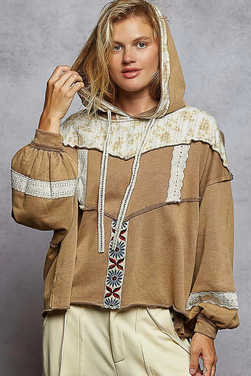 POL Drawstring French Terry Hoodie with Gauze Print Patch