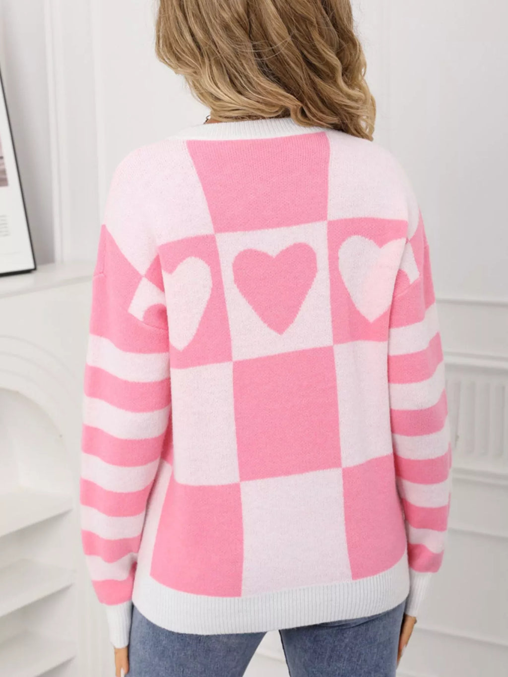 Heart Pattern Checkerboard Knit Sweater