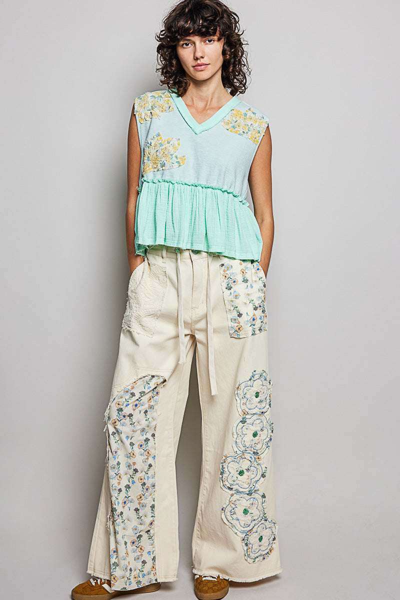 POL Floral Patch Ruffled Sleeveless Top with Raw Edge Detail