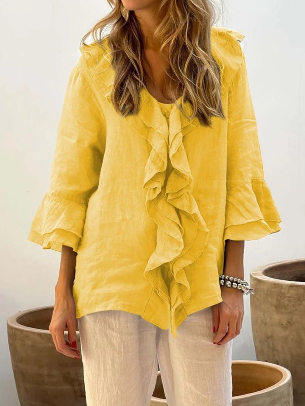 Full Size Ruffle Trim 3/4 Sleeve Blouse Plus Size