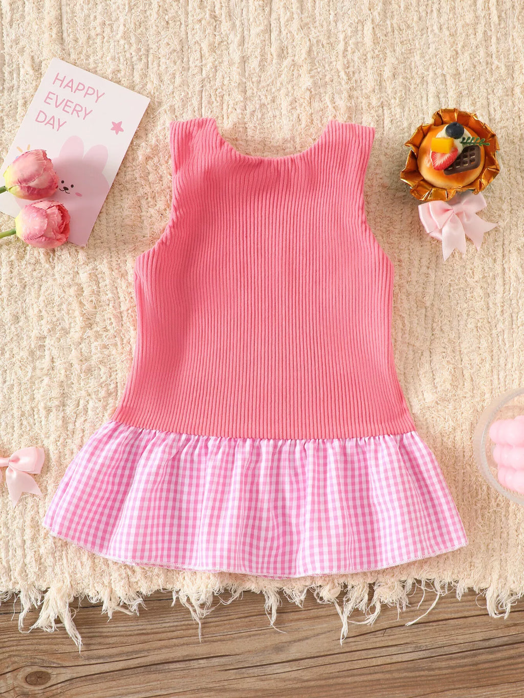 Children's Plaid Hem Corduroy Sleeveless Dress