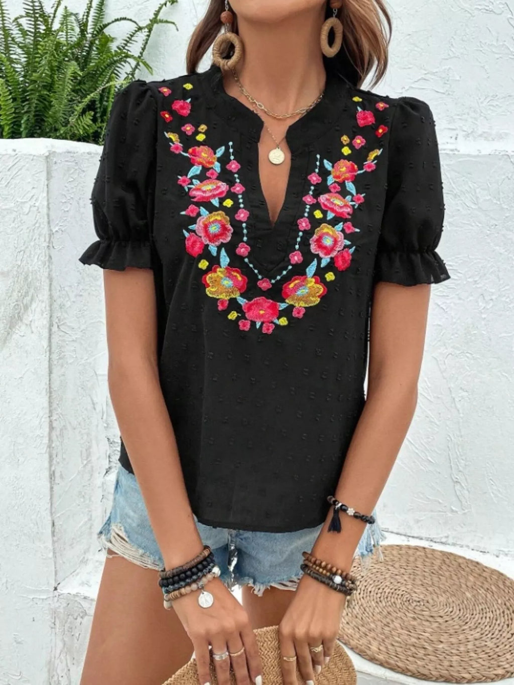 Floral Embroidered Puff Sleeve Blouse
