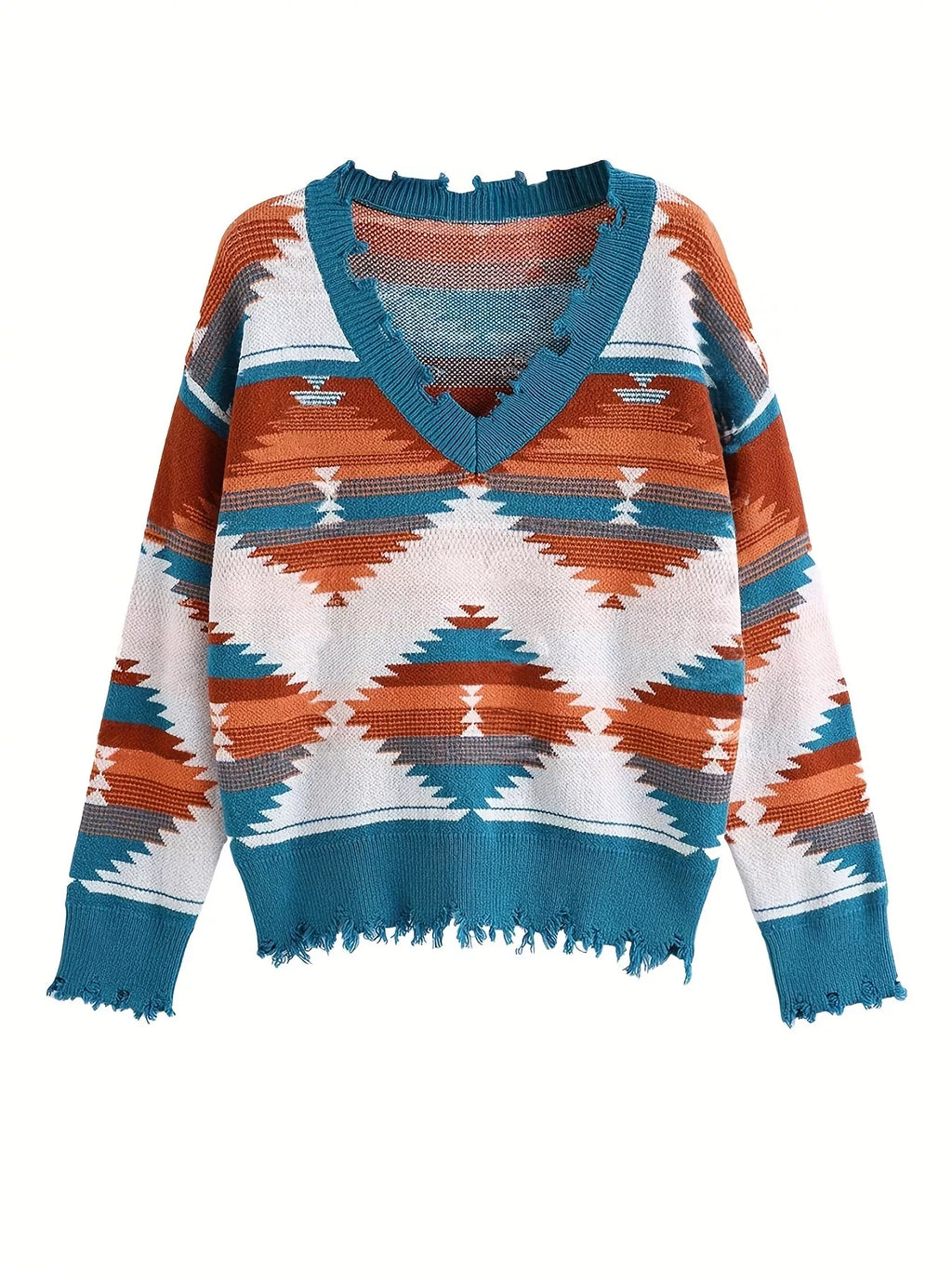 Geometric Frayed Hem V-Neck Long Sleeve Sweater