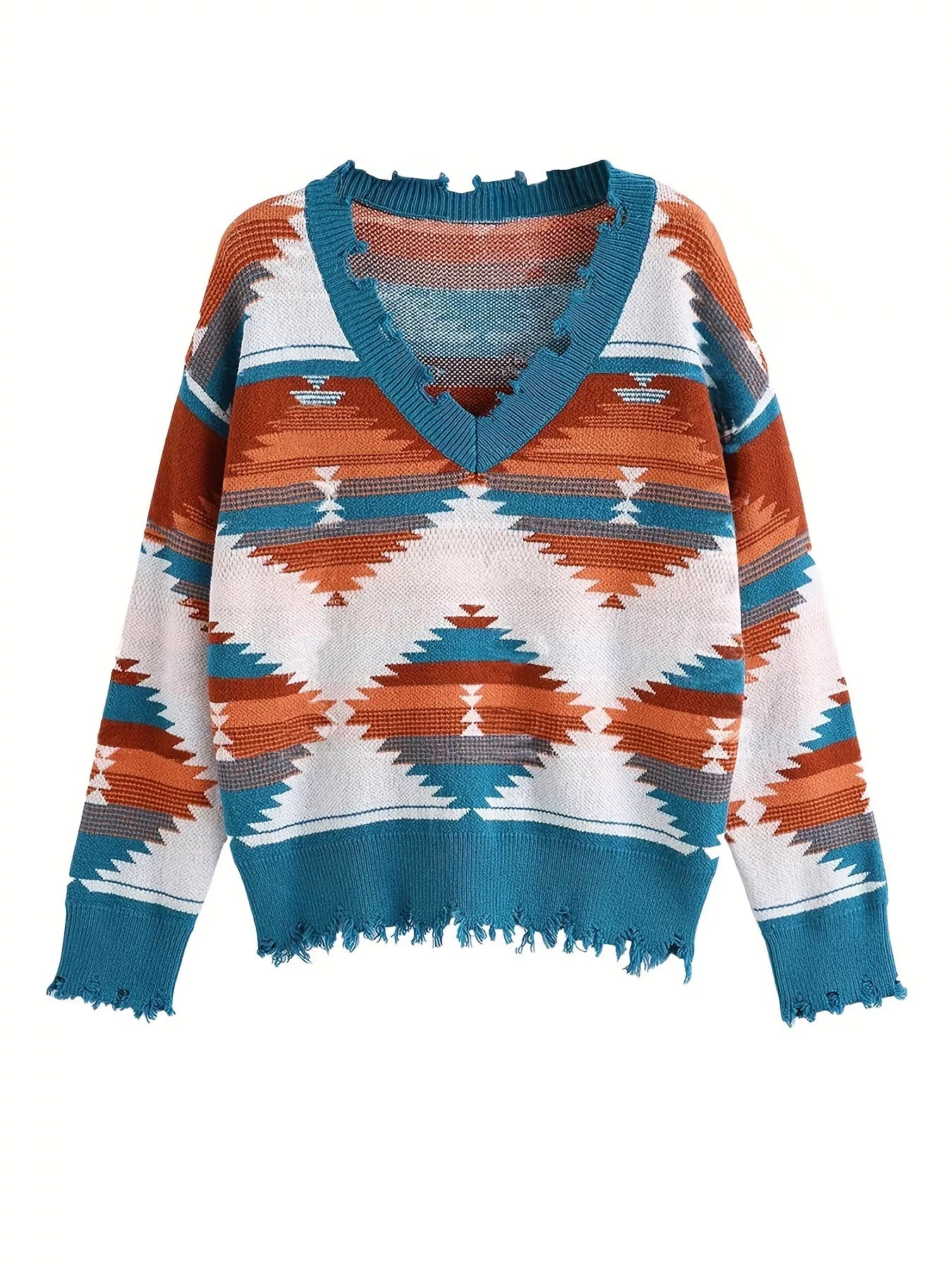 Geometric Frayed Hem V-Neck Long Sleeve Sweater