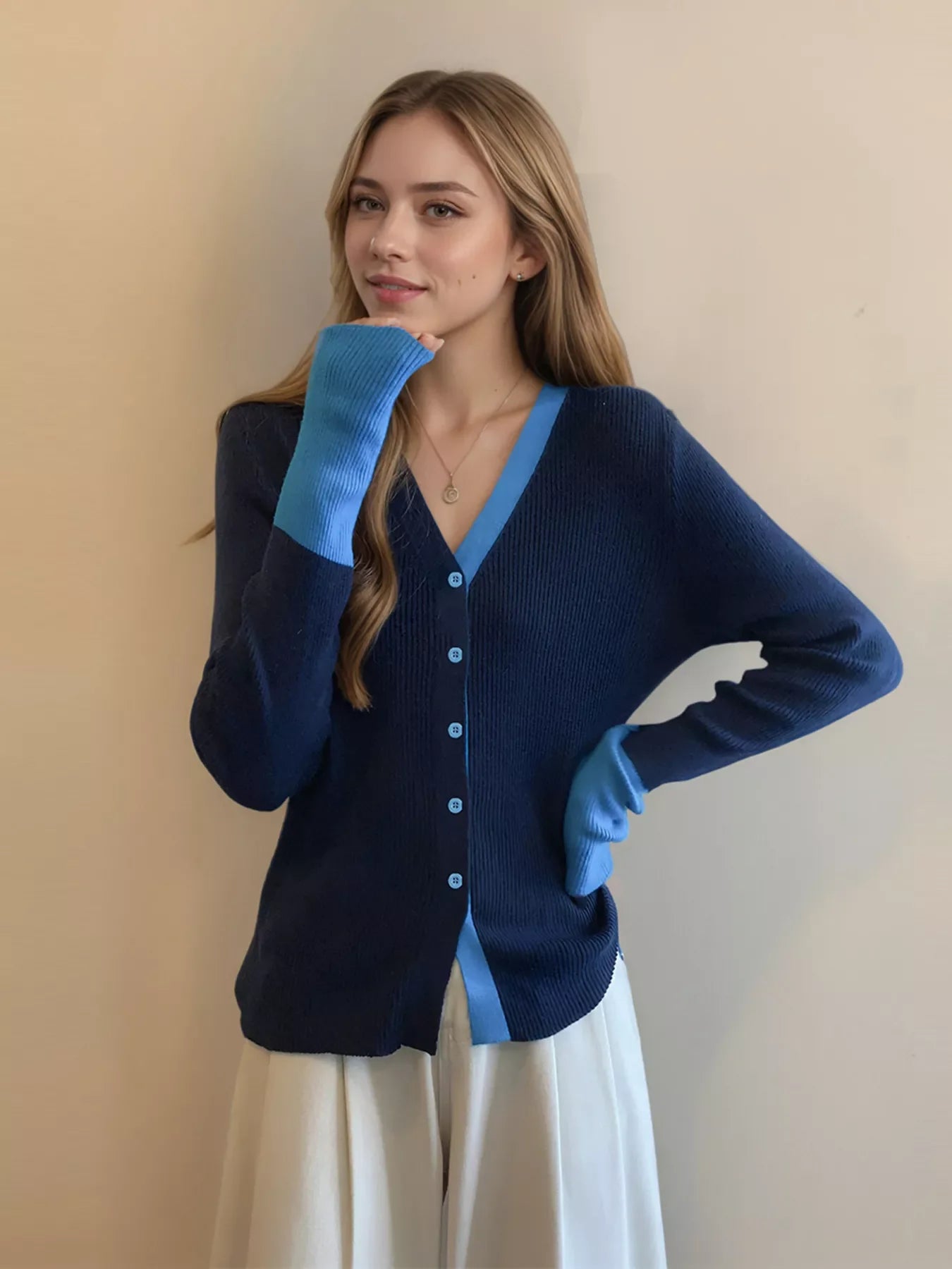 Contrast Trim Ribbed Knit Cardigan