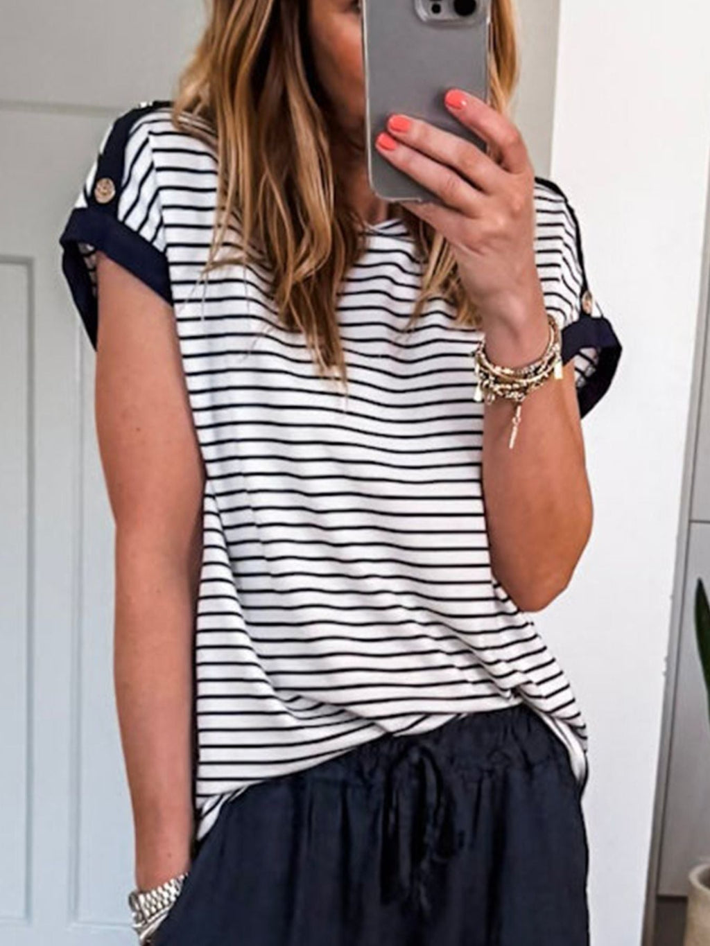 Stripe Cuffed Sleeve Button Decor Loose Tee