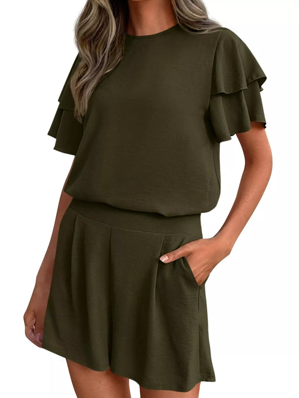 Ruffle Sleeve Top and Shorts Two-Piece Set