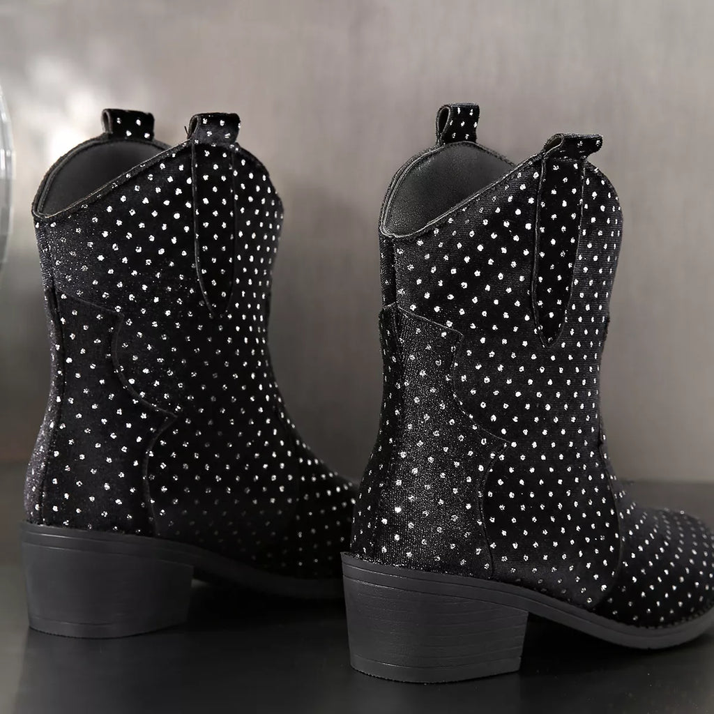 Sparkling Point Toe Block Heels Boots