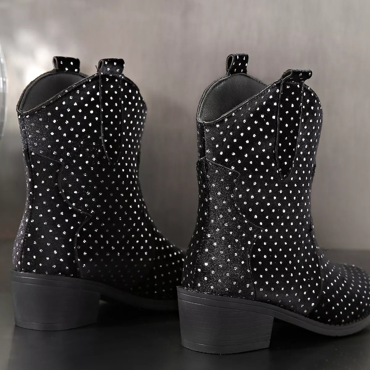 Sparkling Point Toe Block Heels Boots
