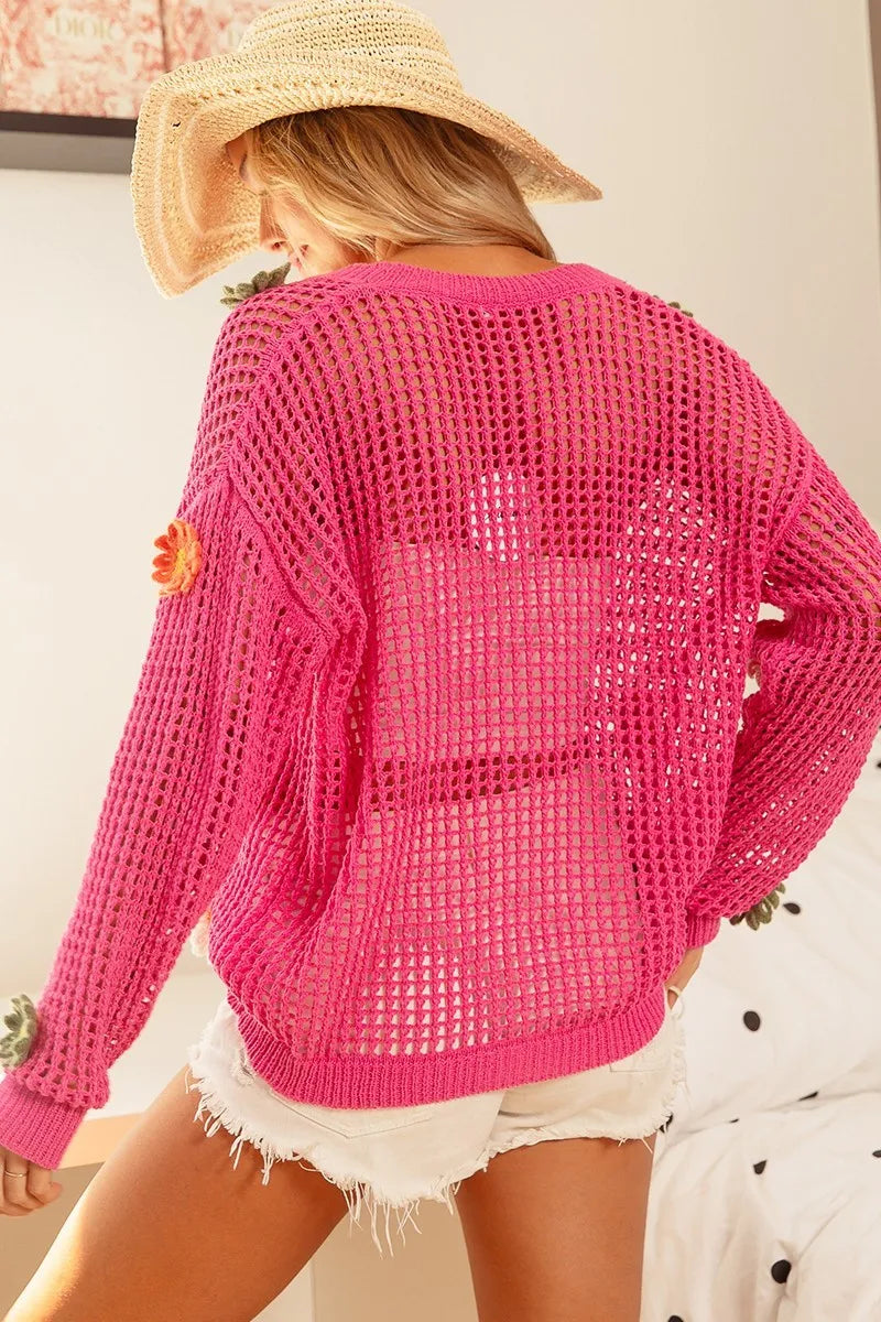 BiBi Flower Patches Open Knit Sweater Cardigan