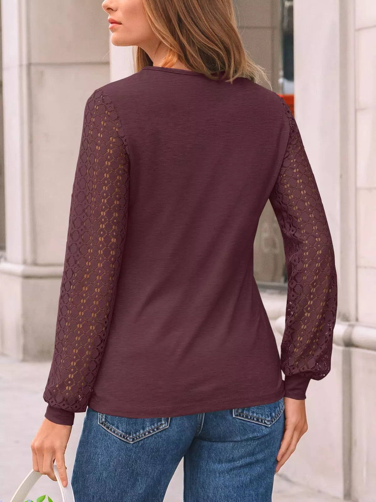 Lace Sleeve Crew Neck T-Shirt