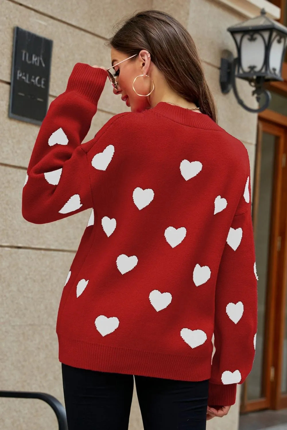 Heart Pattern Lantern Sleeve Round Neck Tunic Sweater