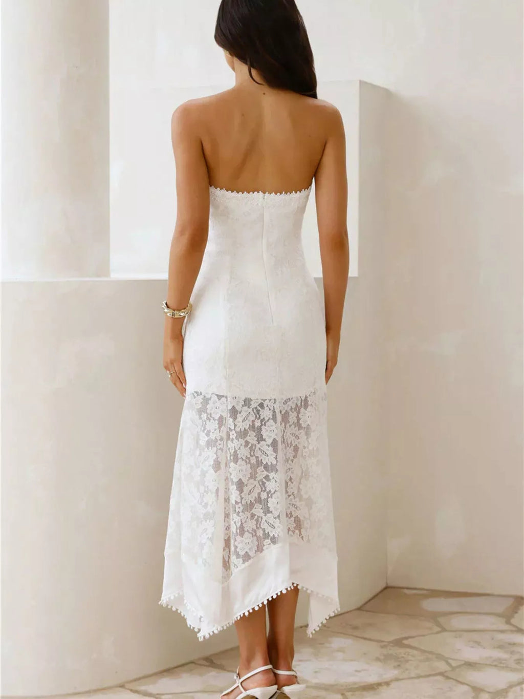 Elegant Lace Strapless Midi Dress