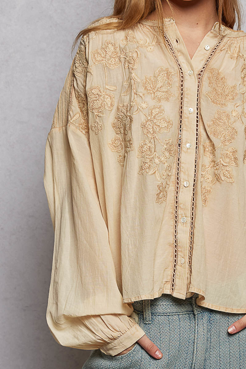 POL Embroidery Button Down Long Sleeve Washed Shirt