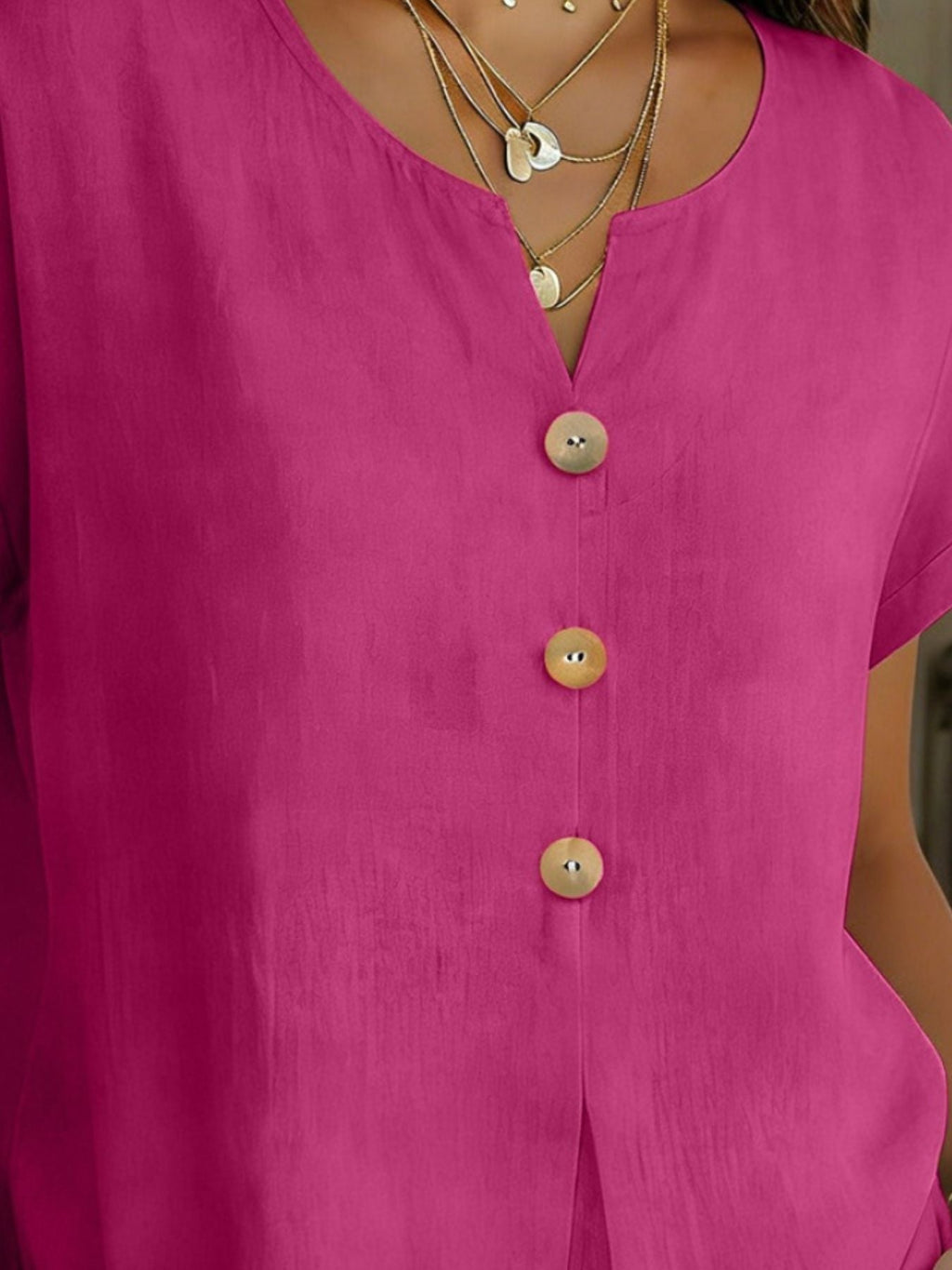 Decor Button Short Sleeve Blouse