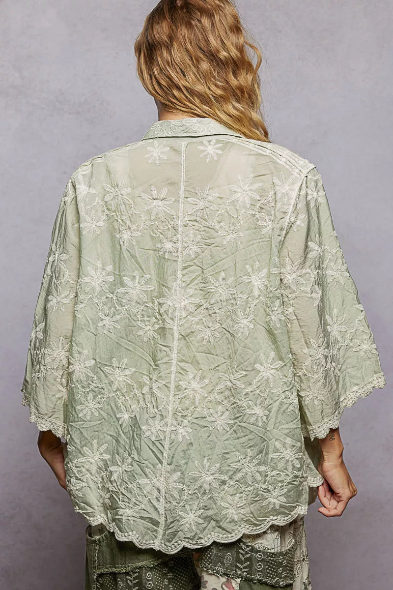 POL Embroidered Floral Collared Neck Shirt with Scalloped Edges