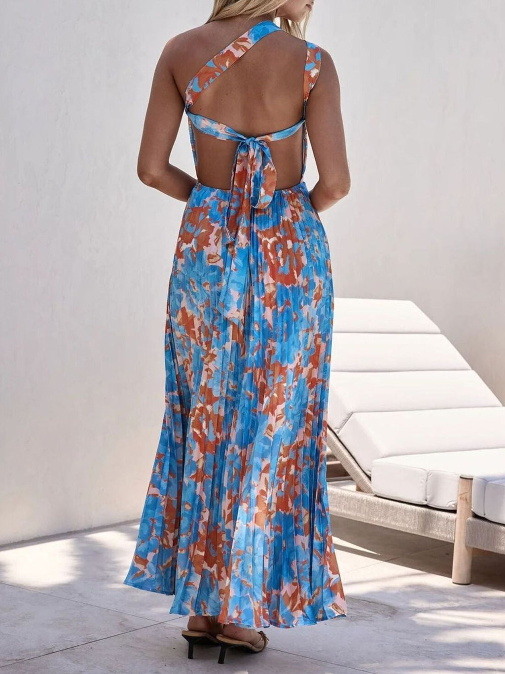 Floral Print One-Shoulder Pleated Dress