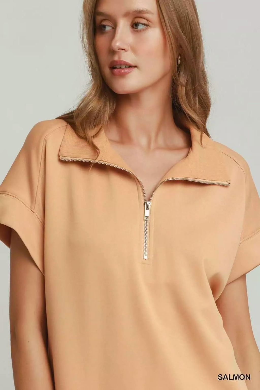 Umgee Half Zip Pullover with Scalloped Edge Hem