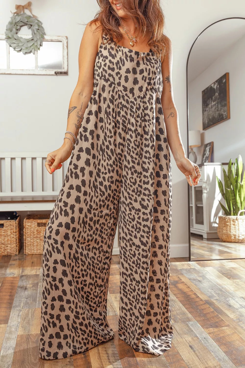Leopard Print Square Neck Pleated Wide Leg Jumpsuit
