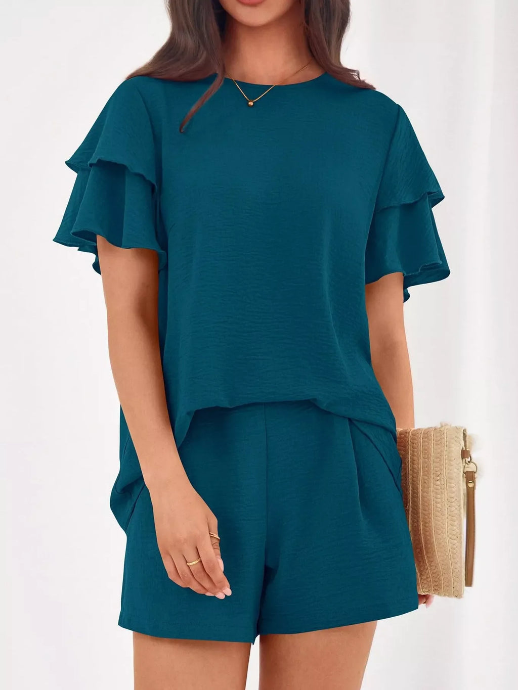 Ruffle Sleeve Top and Shorts Two-Piece Set
