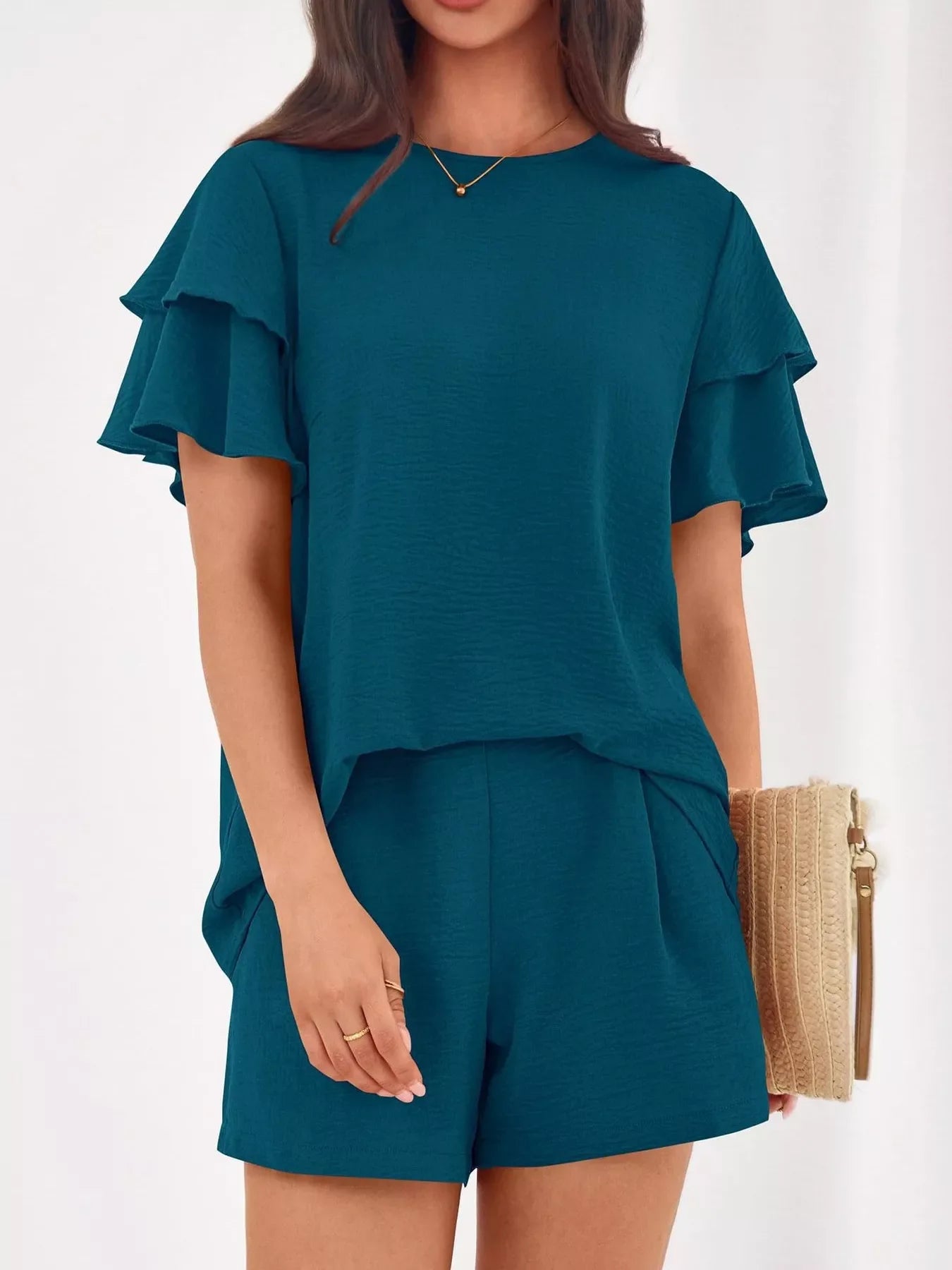 Ruffle Sleeve Top and Shorts Two-Piece Set
