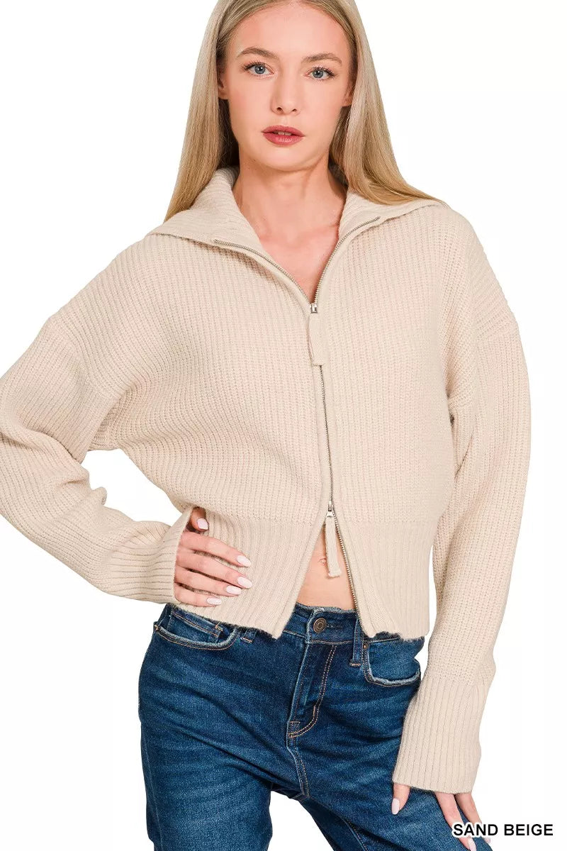 Zenana Ribbed Collared Zip Up Sweater Cardigan