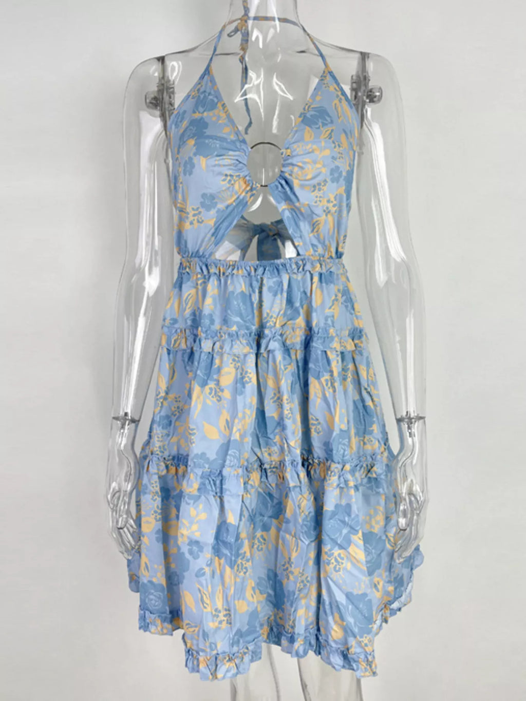 Colorful Print Halter Neck Ruffle Mini Dress