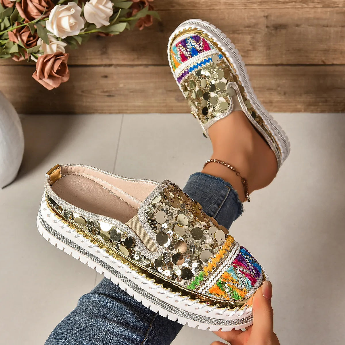 Sequin Round Toe Platform Loafers