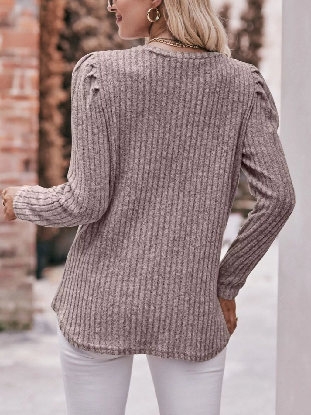 Ribbed Knit Puff Sleeve T-Shirt