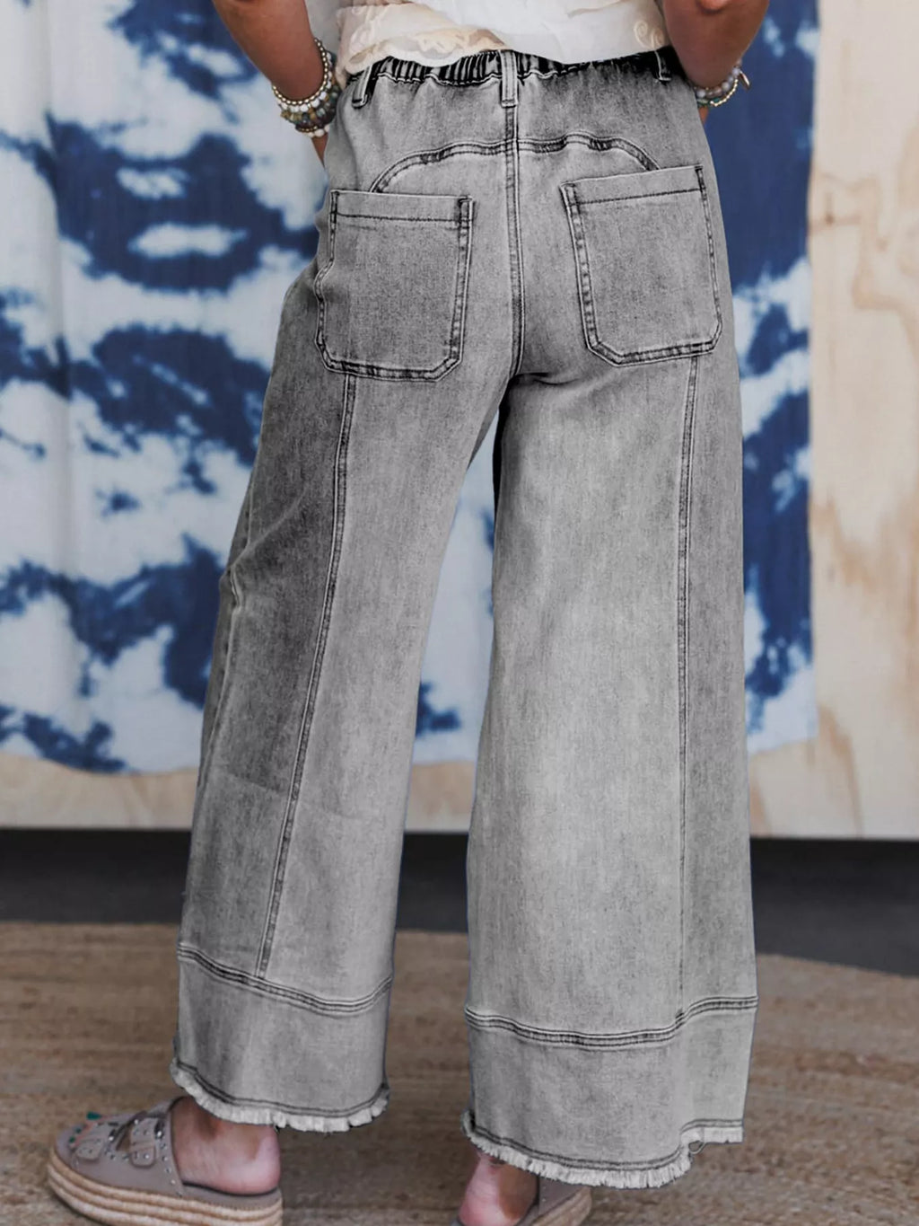 Wide Leg Drawstring Raw Hem Jeans