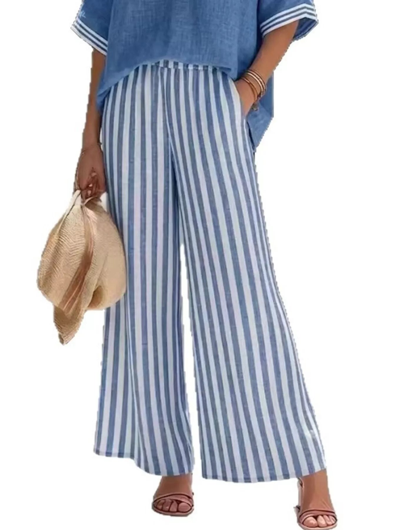 Full Size Striped V-Neck Top and Wide Leg Pants Set Plus Size