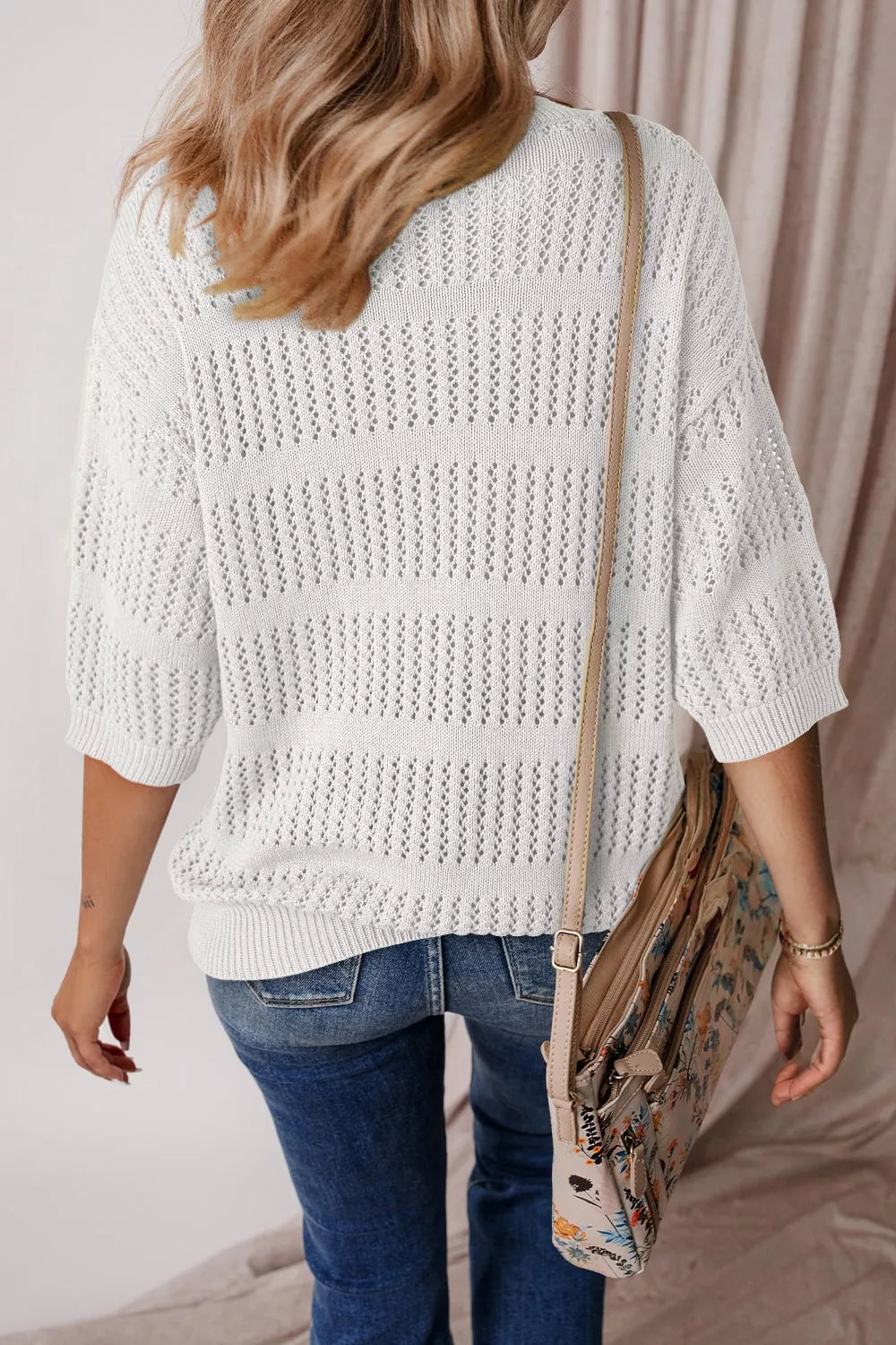 3/4 Sleeve Open Knit Mesh Detail Pullover Sweater