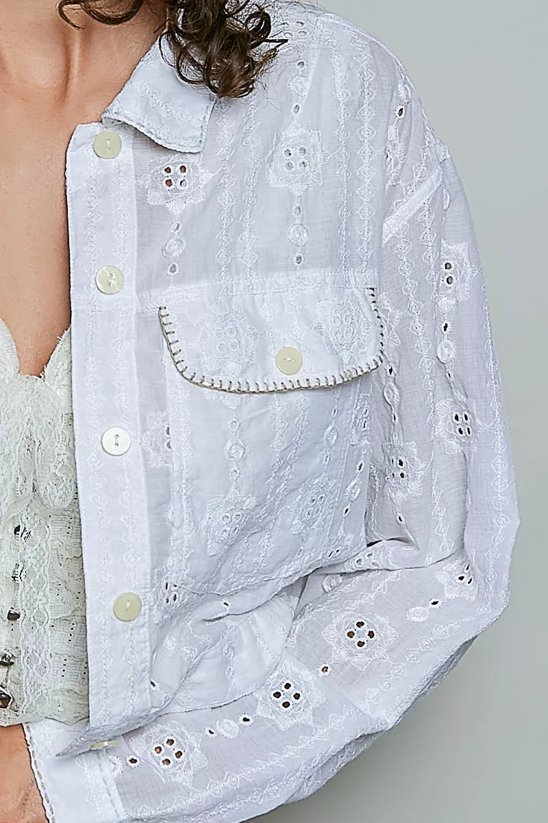 POL Eyelet Textured Cotton Cropped Button Front Jacket