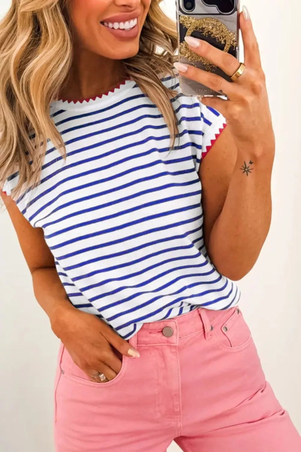 Stripe Contrast Trim Round Neck Cap Sleeve Tee