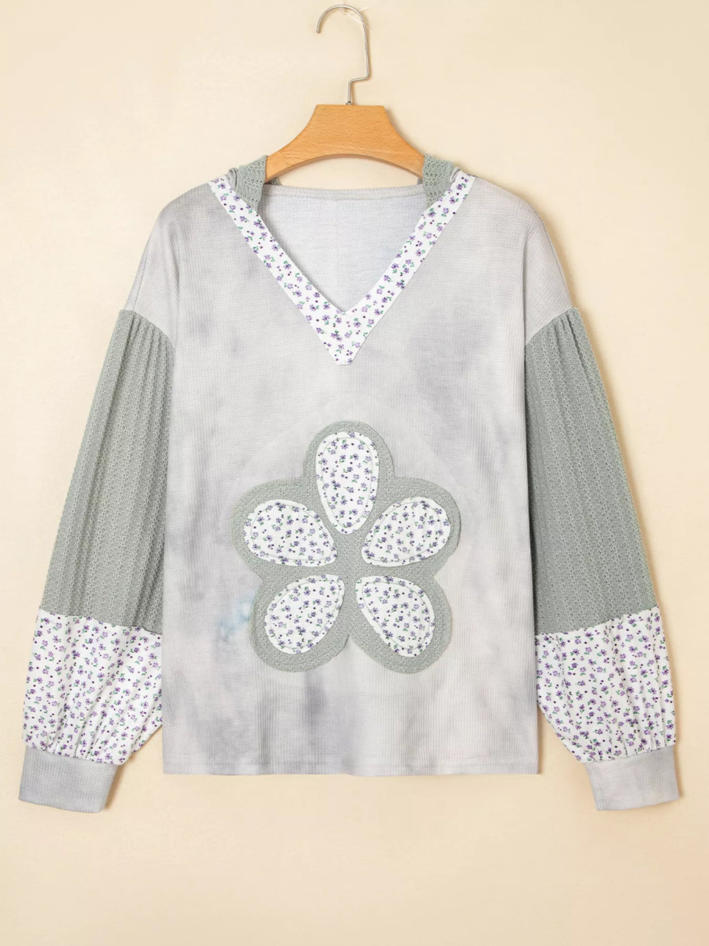 Floral Patched Waffle Textured V Neck Casual Hooded Top