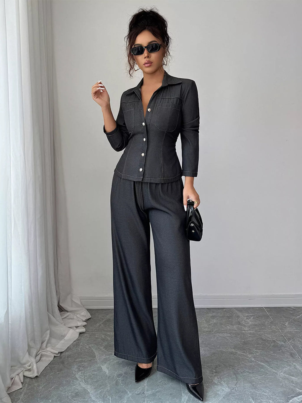 Button-Up Shirt & Wide Leg Pants Set