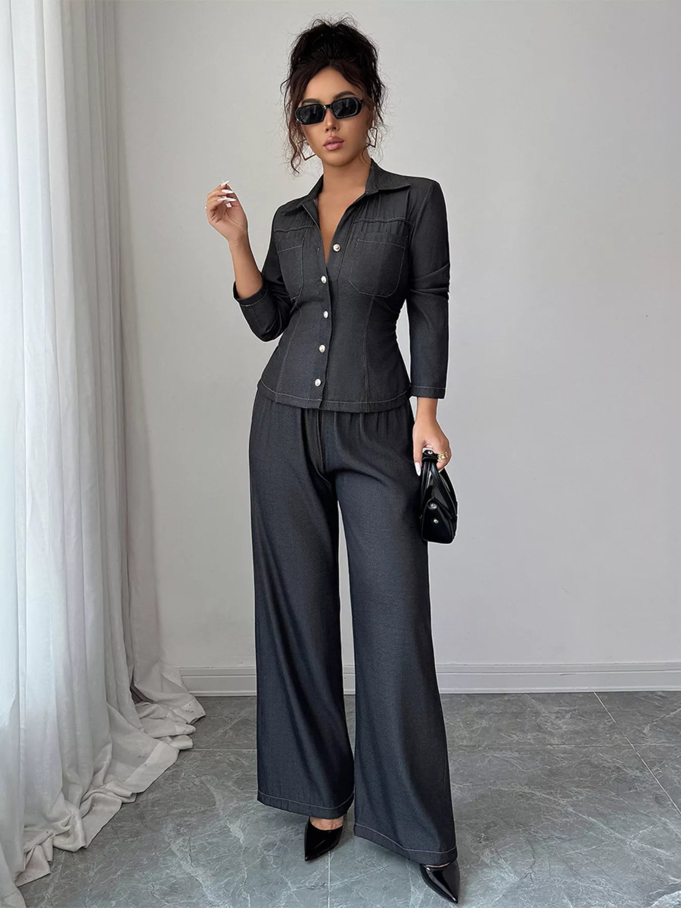 Button-Up Shirt & Wide Leg Pants Set