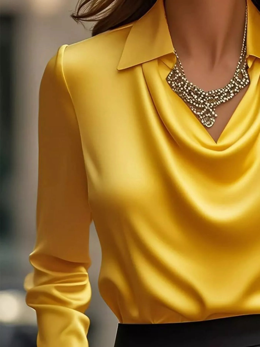 Ruched Long Sleeve Drape Collar Blouse
