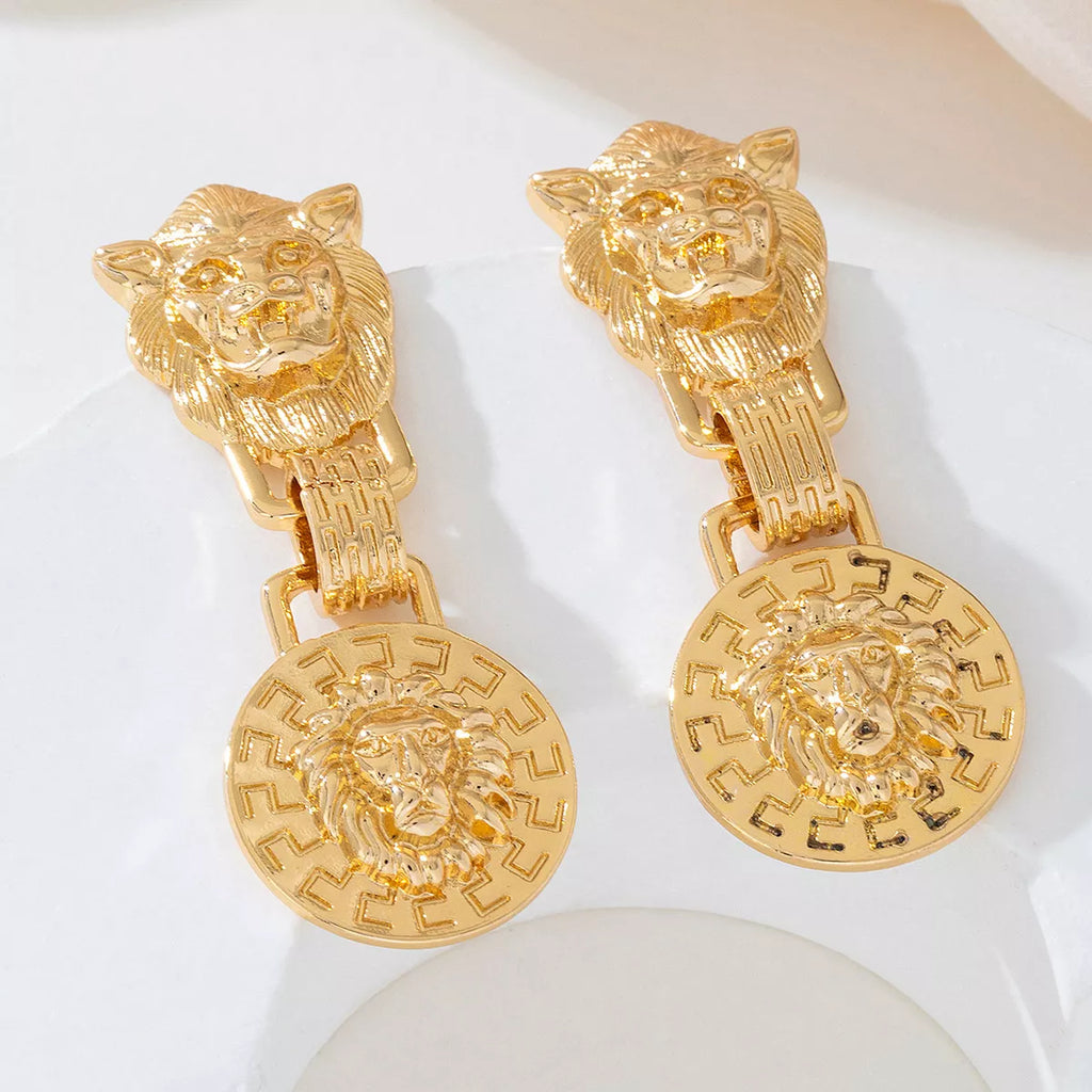 18K Gold-Plated Lion Head Medallion Drop Earrings