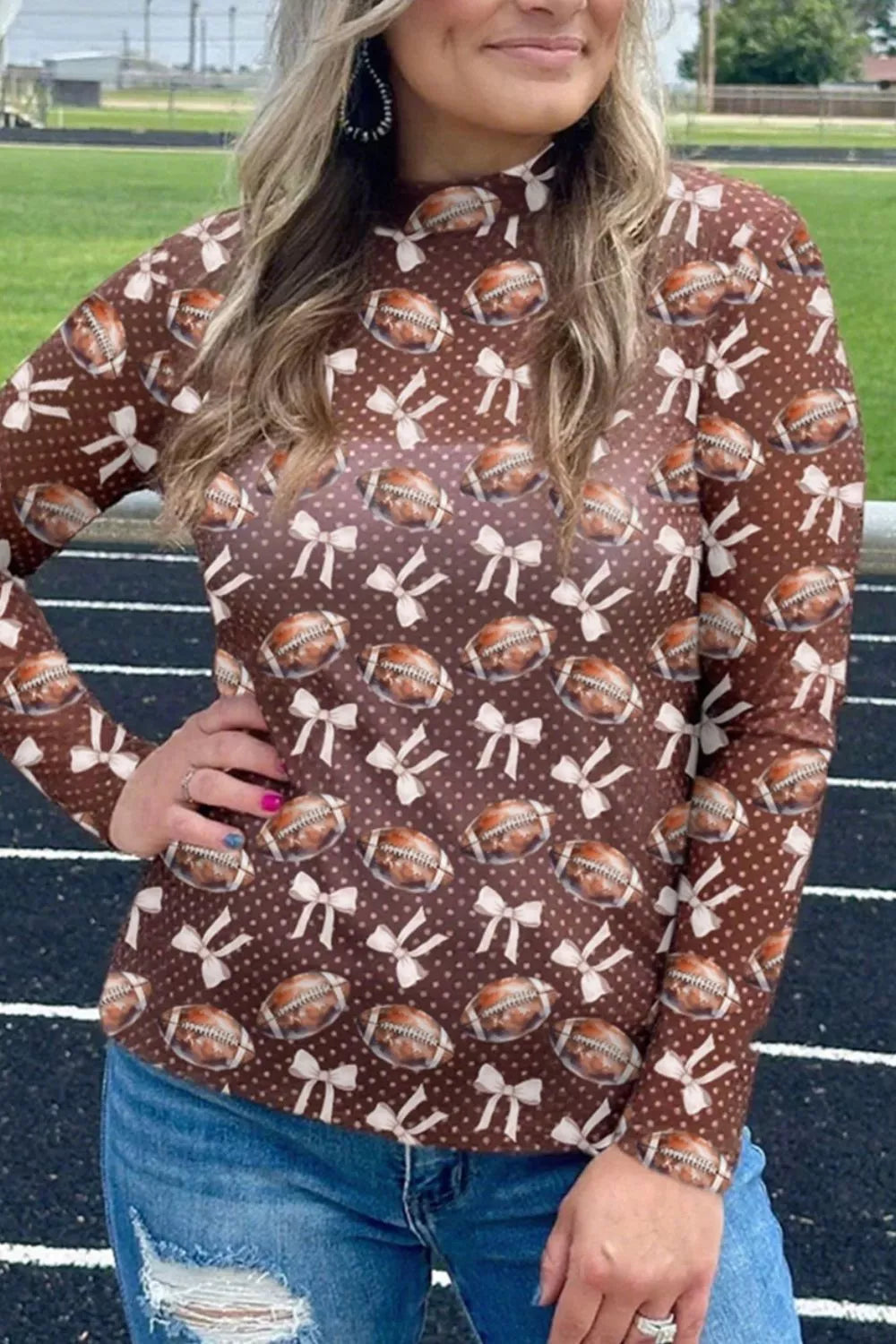 Long Sleeve Polka Dot Football Print Top